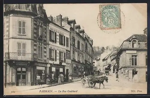 AK Parmain, La Rue Guichard avec charrette et commerces animés
