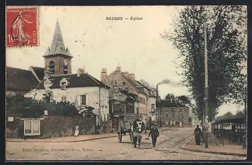 AK Bezons, Église et rue animée avec charrettes et passants