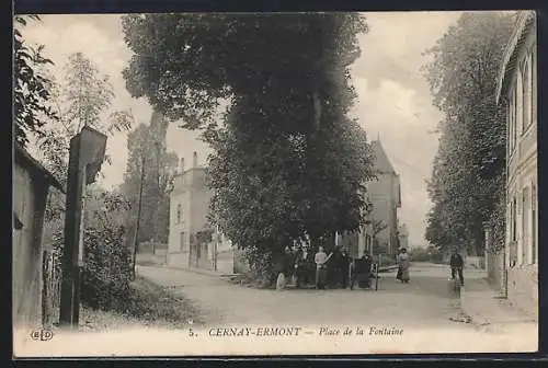 AK Cernay-Ermont, Place de la Fontaine avec arbres et passants