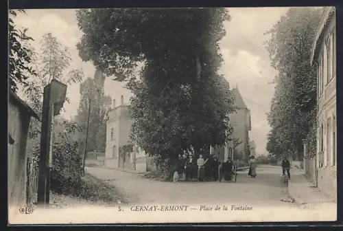 AK Cernay-Ermont, Place de la Fontaine avec arbres et passants