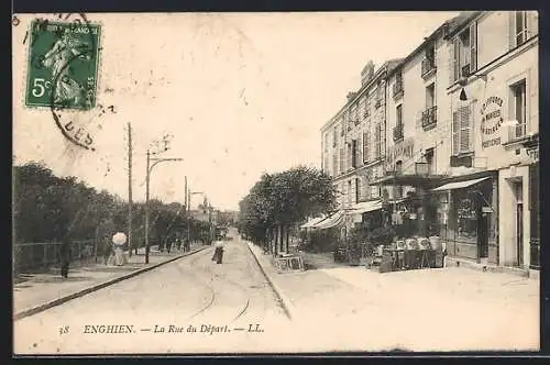 AK Enghien, La Rue du Départ avec boutiques et passants