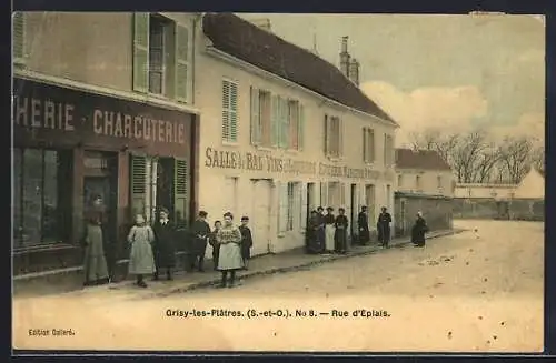 AK Grisy-les-Plâtres, Rue d`Épiais avec charcuterie et foule devant la salle de bal