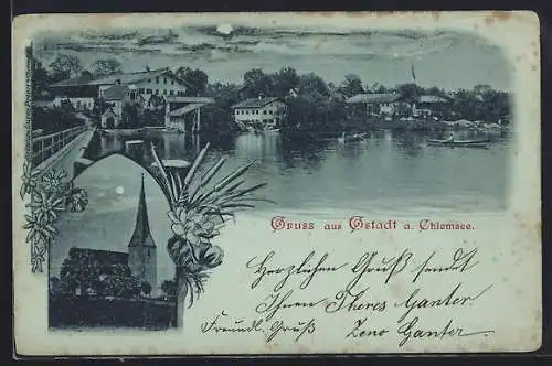 Mondschein-AK Gstadt a. Chiemsee, Uferpartie mit Ruderboot und Kirche