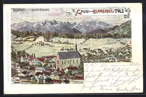 Künstler-AK Tölz, Ortsansicht Krankenheil mit Benedictenwand