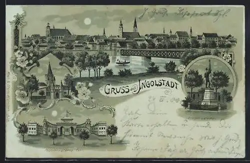 Mondschein-Lithographie Ingolstadt, Ortspartien mit Kaserne der Pioniere, Kreuzthor und Kriegerdenkmal