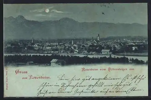 Mondschein-AK Rosenheim, Teilansicht vom Höhensteiger aus