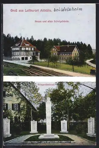 AK Althütte / Welzheimer Wald, neues und altes Schulgebäude, Kriegerdenkmal
