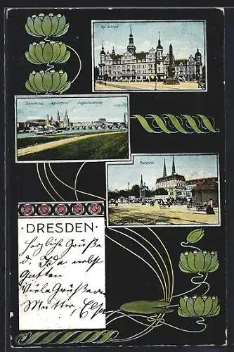 AK Dresden, Kgl. Schloss, Ständehaus, Augustusbrücke und Postplatz, Ortspartien