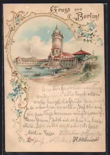 Lithographie Berlin, Gewerbe-Ausstellung 1896, Restaurant mit Aussichtsthurm