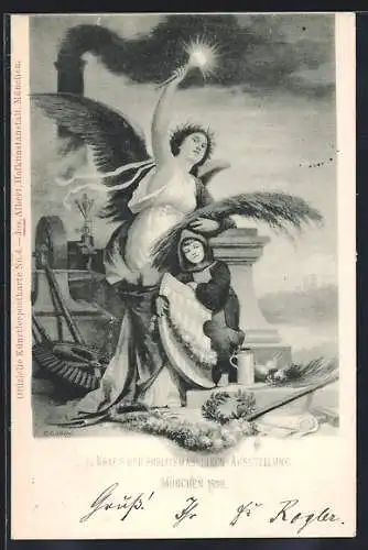AK München, II. Kraft-u. Arbeitsmaschinen-Ausstellung 1898, Engel mit dem Münchener Kindl