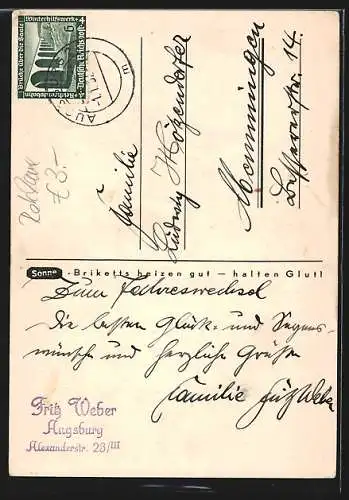 AK Kalender 1. Januar 1937, Freitag, Neujahr, Sonne-Briketts heizen gut - halten Glut!