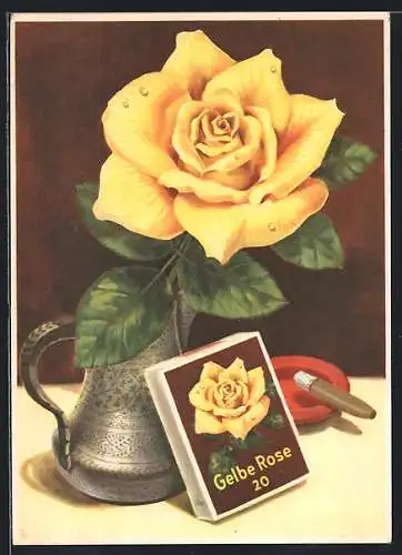 AK Reklame für Zigarre Gelbe Rose, Villiger-Zigarre, Rose in der Vase und Zigarrenpackung auf dem Tisch