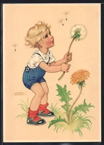 Künstler-AK Ilse Wende-Lungershausen: Kind mit Pusteblume, Löwenzahn