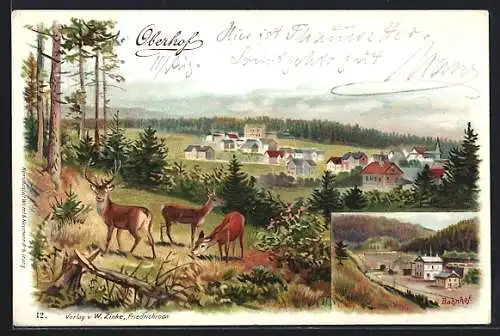 Lithographie Oberhof / Th., Teilansicht vom Bahnhof und Gesamtansicht von der Stadt