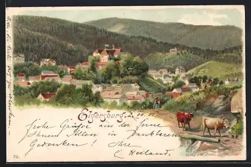 Lithographie Elgersburg, Ortspartie im Gebirge