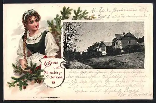 Passepartout-Lithographie Vesser, Adlersberg-Stutenhaus, Mädchen in Tracht