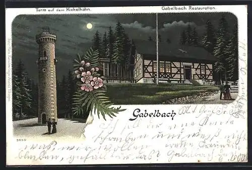 Lithographie Ilmenau, Gasthaus Gabelbach, Turm auf dem Kickelhahn