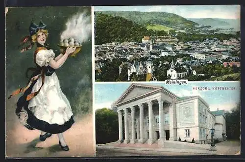 AK Meiningen, Generalansicht, Herzogliches Hoftheater, Frau in Trachtenkleid