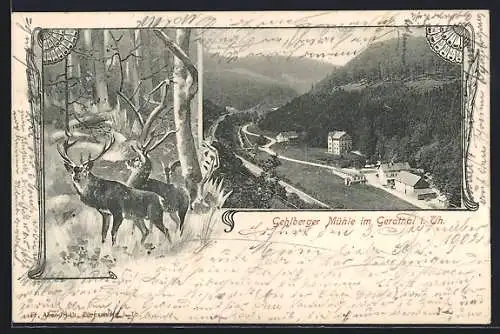 AK Gehlberger Mühle i. Gerathal i. Th., Ansicht aus der Vogelschau, Hirsche im Wald