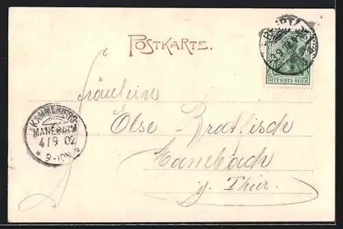 AK Gehlberger Mühle i. Gerathal i. Th., Ansicht aus der Vogelschau, Hirsche im Wald