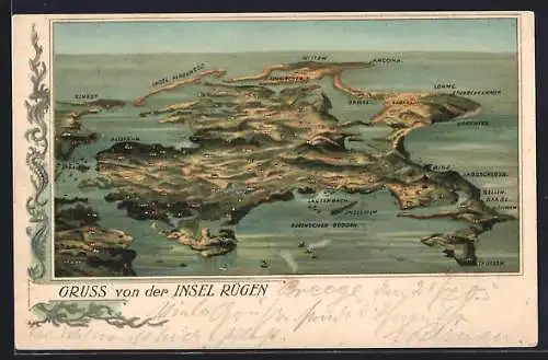 Lithographie Rügen, Landkarte der Insel