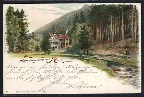 Lithographie Lauchagrund, am Gasthaus Massenmühle