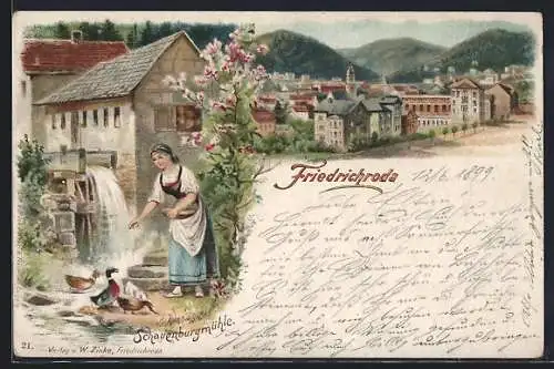 Lithographie Friedrichroda, Ortsansicht mit Strasse und Enten fütternder Einwohnerin vor einer Wassermühle