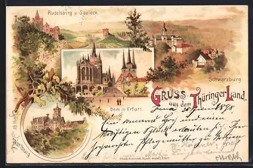 Lithographie Erfurt, Dom und Severikirche, Wartburg