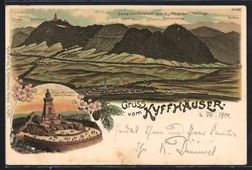 Lithographie Kyffhäuser, Kaiser-Wilhelm-Denkmal, Ortsansicht