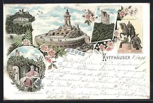Lithographie Kyffhäuser, Kyffhäuser, Reiterstandbild, Sage Friedrich Barbarossas, Rothenburg, Kaiser-Wilhelm-Denkmal