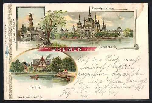 Lithographie Bremen, Bürgerpark, Hauptgebäude, Aussichtsturm, Meierei