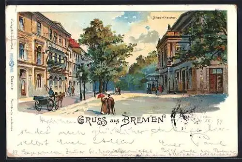 Lithographie Bremen, Siedenburg`s Hotel und das Stadttheater mit Passanten