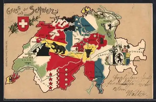 AK Schweiz, Landkarte mit allen Kantonen und Wappen, Um 1900