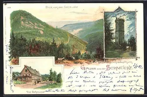 Lithographie Gehlberg, Gasthaus Schmücke, Blick ins Tal, Schneekopfturm