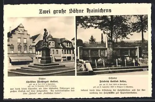 AK Hainichen / Sa., Statuen des Dichters C. F. Gellert und des Erfinders F. G. Keller