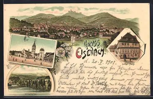 Lithographie Eisenach, Wilhelmsthal, Luther-Haus, Stadtplatz, Ortsansicht
