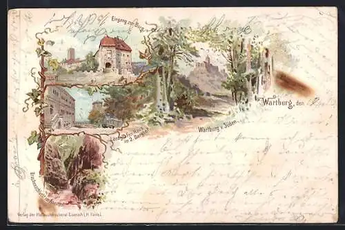 Lithographie Wartburg, Blick von Süden, Eingang, Landgrafen-Haus