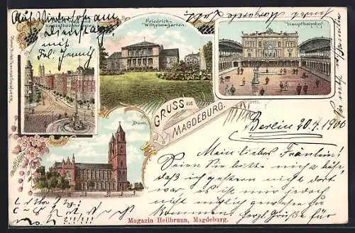 Lithographie Magdeburg, Breite Weg und Hasselbachbrunnen, Friedrich- Wihelmsgarten, Hauptbahnhof