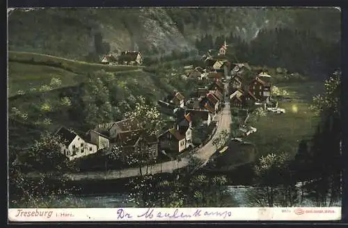 AK Treseburg im Harz, Totalansicht von einem Berg aus gesehen