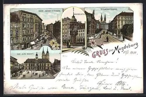 Lithographie Magdeburg, Neue Jacob-Strasse, Kaiser Otto, Wilhelmstrasse & Alter Markt