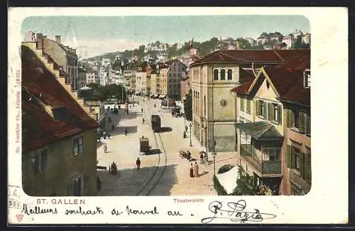 AK St. Gallen, Theaterplatz mit Strassenbahn