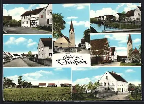 AK Riedheim, Blick auf die Kirche, Flusspartie im Ortskern