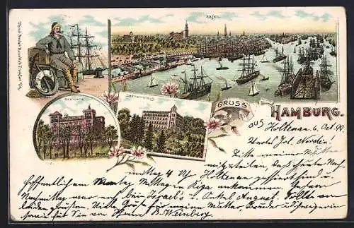 Lithographie Hamburg-St.Pauli, Belebter Hafen, Seewarte, Seemann am Pier