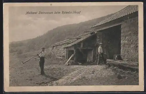 AK Metzeral, Molkerei Steinwasen Rotenbachkopf mit Bauern und Alpenhorn