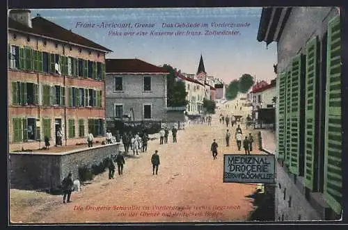 AK Franz.-Avricourt, Drogerie Schwaller, Gebäude im Vordergrunde, links war eine Kaserne der franz. Zollwächter, Grenze