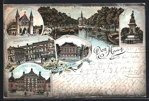 Lithographie Den Haag, Monument van 1813, Binnenhof, Prins Mauritshuis