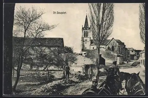 AK St. Souplet, Ortspartie aus der Pferdekutsche mit Soldaten