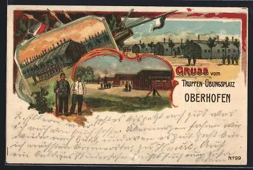 Lithographie Oberhofen, Truppen-Übungsplatz, Soldaten in Uniform