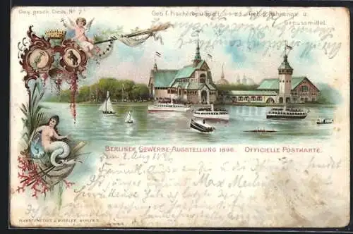Lithographie Berlin, Gewerbe-Ausstellung 1896, Gebäude für Fischerei u. Sport, sowie für Nahrungs- u. Genussmittel