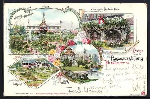Lithographie Frankfurt a. M., Rosenausstellung mit arabischem Labyrinth, Inneres der Binderei Halle, Berggruppe